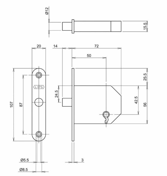Lips binnendeur klavier insteekslot 2084