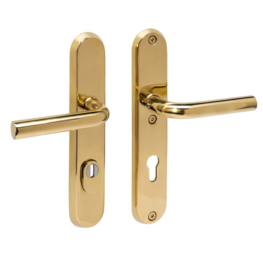 Intersteel SKG3 veiligheidsbeslag ovaal krukkruk Luzern PC72mm met kerntrekbeveiliging PVD messingkleur