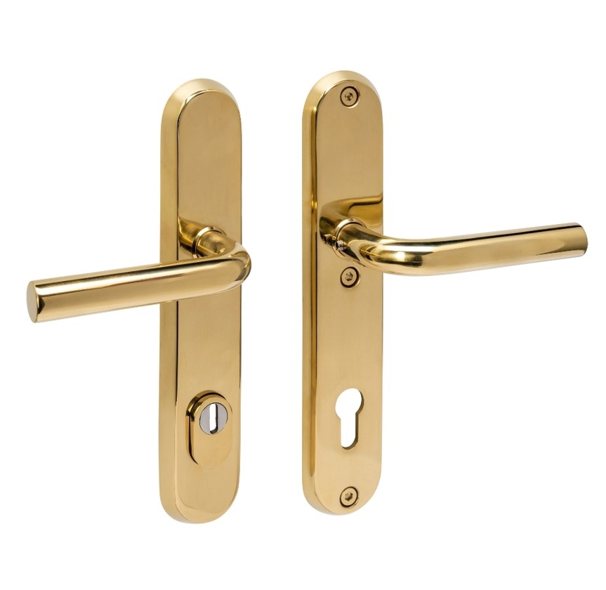 Intersteel SKG3 veiligheidsbeslag ovaal kruk/kruk Luzern PC92mm met kerntrekbeveiliging PVD messingkleur