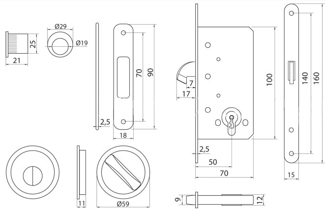 Slotset voor schuifdeur rond mat zwart - Afbeelding 2