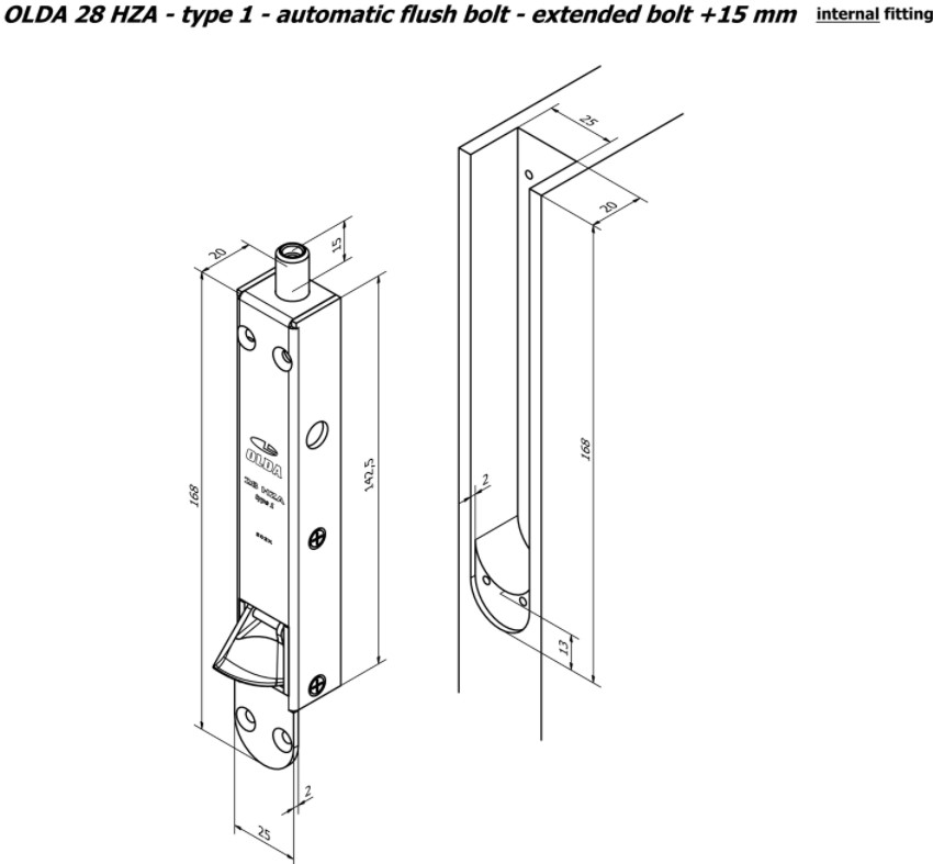 Olda automatische kantschuif type 28 voor houten deuren verlengde schoot +15 mm type 1 staal verzinkt - Afbeelding 3