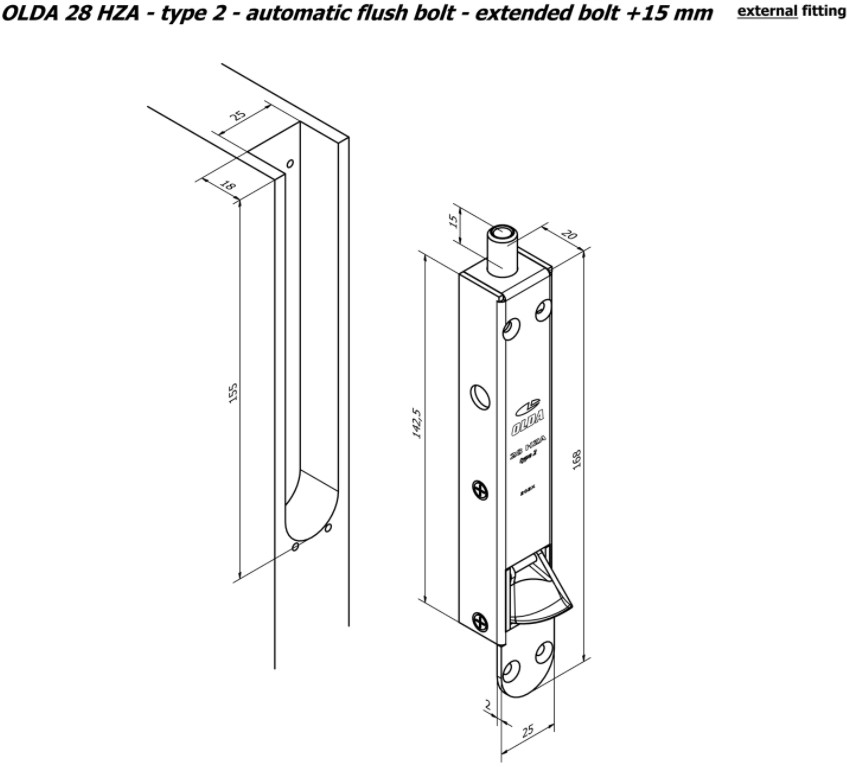 Olda automatische kantschuif type 28 voor houten deuren verlengde schoot +15 mm type 2 staal verzinkt - Afbeelding 2