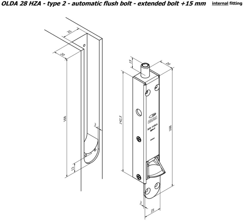Olda automatische kantschuif type 28 voor houten deuren verlengde schoot +15 mm type 2 staal verzinkt - Afbeelding 3