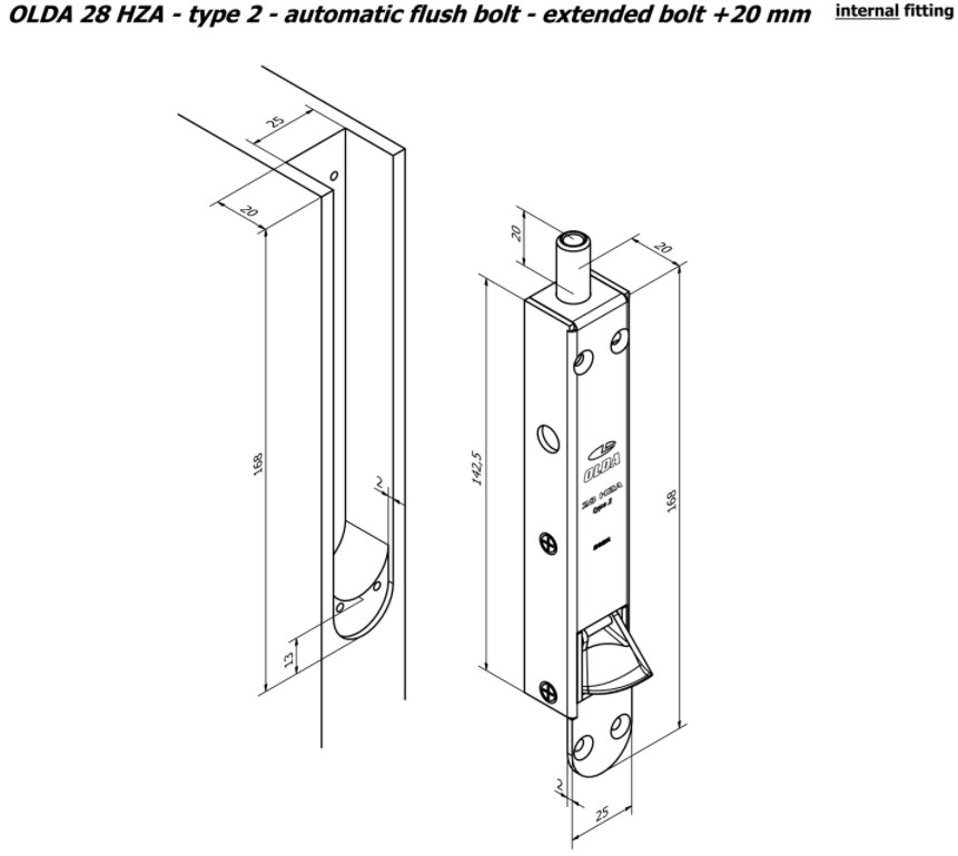 Olda automatische kantschuif type 28 voor houten deuren verlengde schoot +20 mm type 2 staal verzinkt - Afbeelding 3