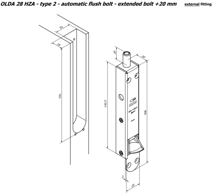 Olda automatische kantschuif type 28 voor houten deuren verlengde schoot +20 mm type 2 staal verzinkt - Afbeelding 2