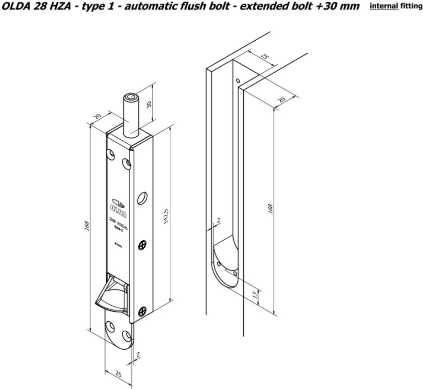 Olda automatische kantschuif type 28 voor houten deuren verlengde schoot +30 mm type 1 staal verzinkt - Afbeelding 3