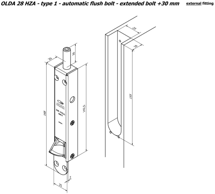 Olda automatische kantschuif type 28 voor houten deuren verlengde schoot +30 mm type 1 staal verzinkt - Afbeelding 2