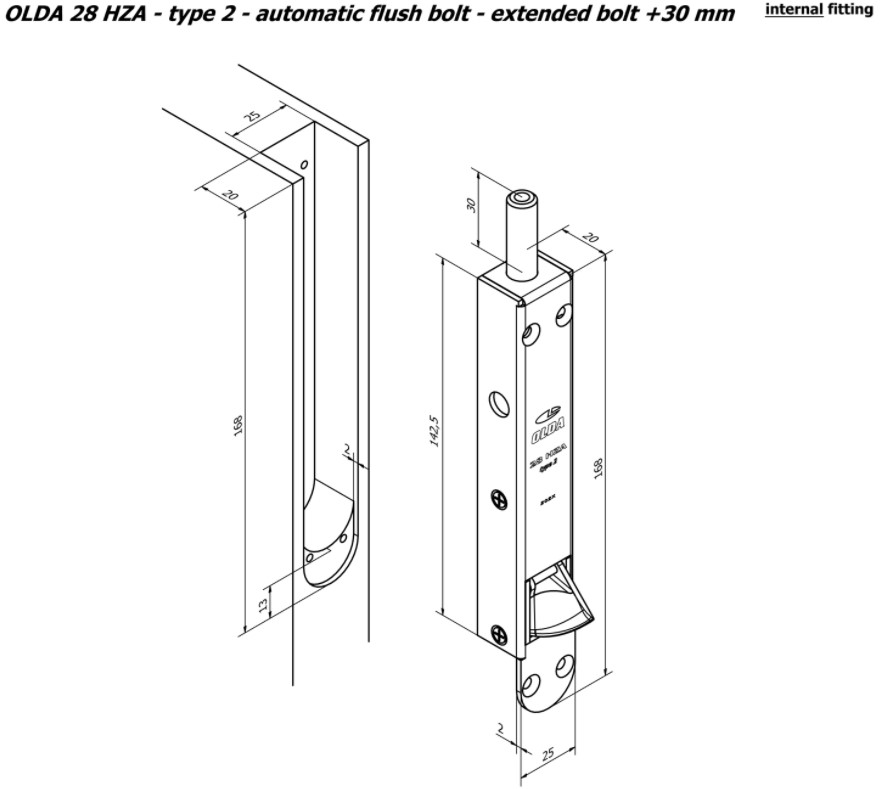 Olda automatische kantschuif type 28 voor houten deuren verlengde schoot +30 mm type 2 staal verzinkt - Afbeelding 2