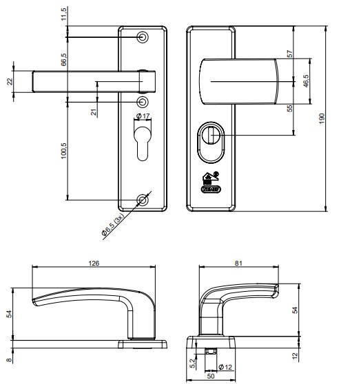 Nemef veiligheidsbeslag PC55 kortschild knop/kruk 3405-II met kerntrek beveiliging SKG3 aluminium F1 - Afbeelding 2