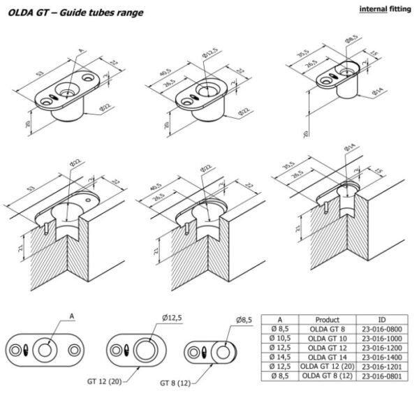 Olda schootgeleider type GT14 schoot Ø14mm tbv stalen/aluminium/houten deuren zamak verzinkt - Afbeelding 3