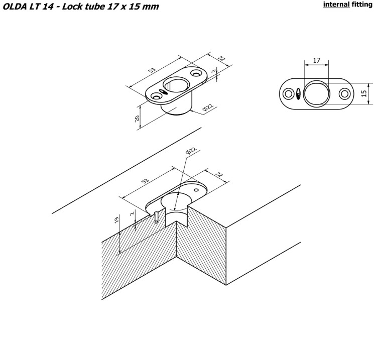 Olda sluitpot 17x15mm type LT1417 schoot Ø14mm tbv stalen/aluminium/houten deuren zamak verzinkt - Afbeelding 2
