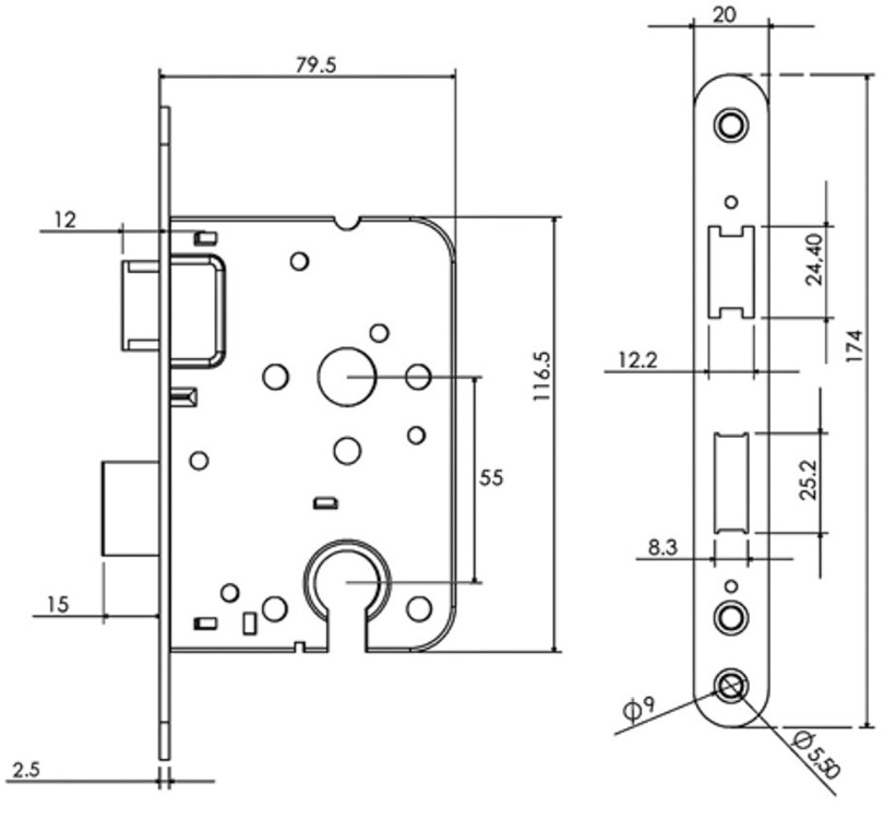 Mauer Dag- en nacht cilinderslot PC55, 1535 met zwart gelakte voorplaat - Afbeelding 2