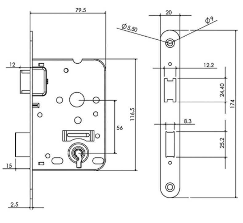 Mauer Dag-en nacht klavierslot 1535 SL56 met zwart gelakte voorplaat - Afbeelding 2