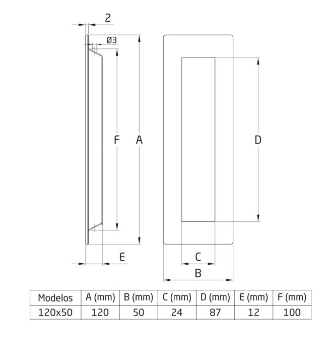 Inbouw schuifdeurkom rechthoekig 120x50 mm rvs - Afbeelding 2