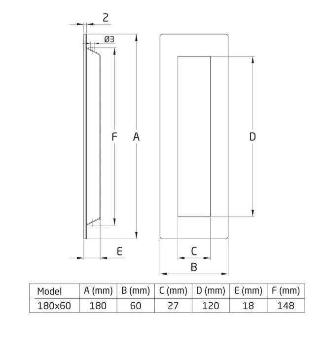 Inbouw schuifdeurkom rechthoekig 180x60 mm rvs - Afbeelding 2