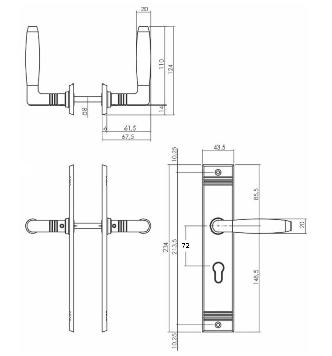Intersteel deurklink Ton basic met schild PC72 mm rechthoekig met rillen 235x43mm nikkel/zwart