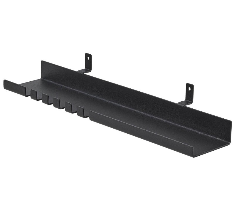 Zwarte wandplank met haakjes voor akoestisch paneel