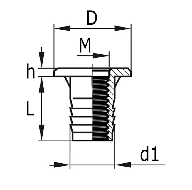 Inslagmoer geribbeld met kraag M10 staal - Afbeelding 2