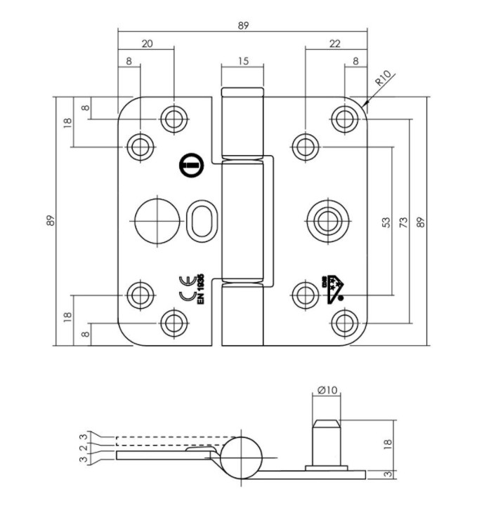 Intersteel SKG3 glijlagerscharnier ronde hoek 89x89 mm rvs - Afbeelding 2