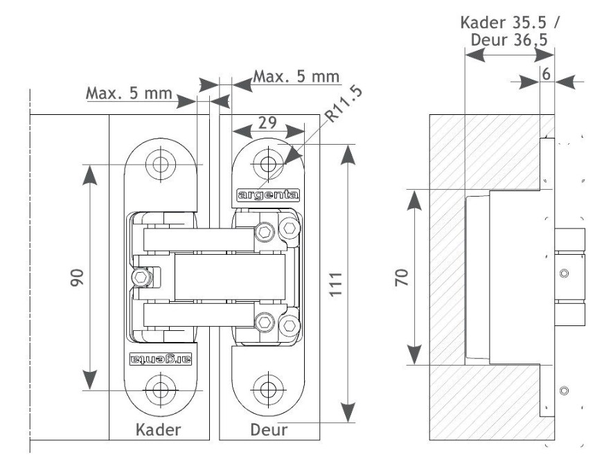 Argenta onzichtbaar scharnier 111x29 mm verstelbaar mat chroom - Afbeelding 2