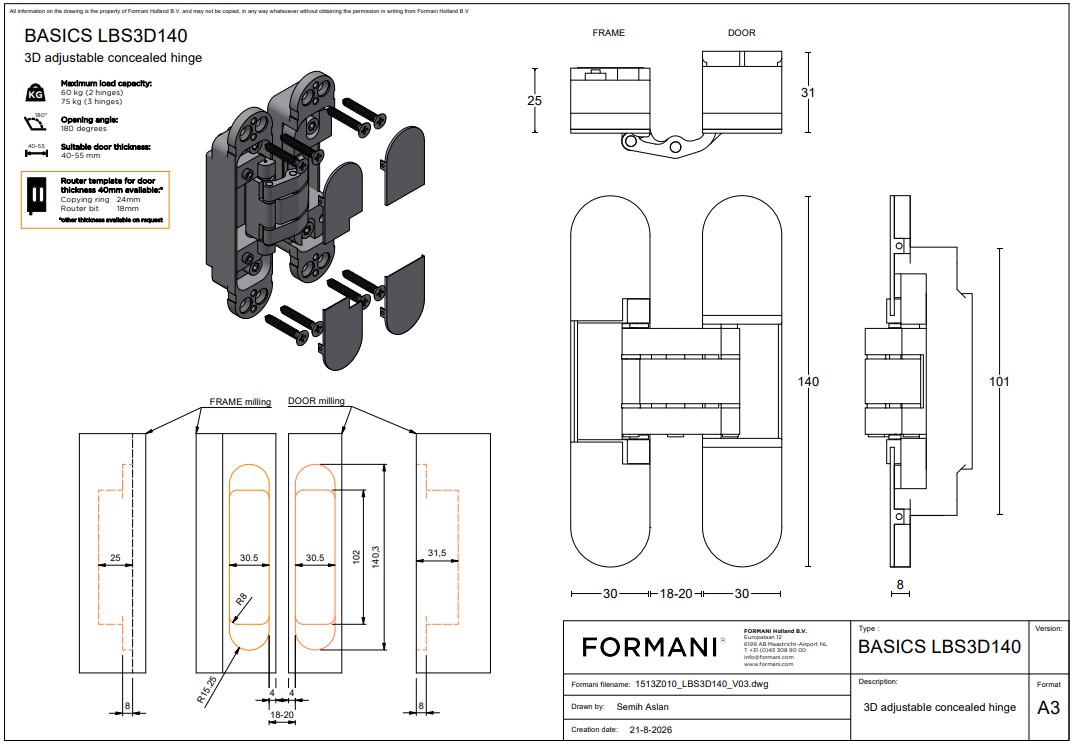 FORMANI onzichtbaar 3D scharnier zamak 140x30 mm brons - Afbeelding 2