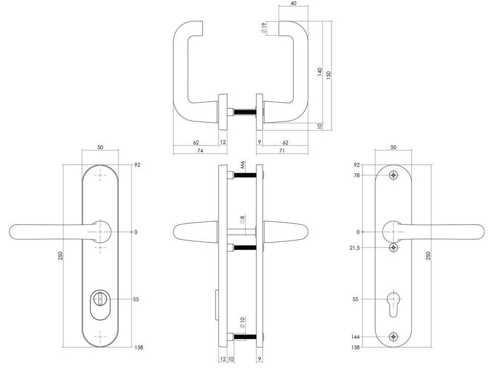Intersteel set achterdeurbeslag PC55 kruk/kruk SKG3 + veiligheidsslot SKG2 aluminium zwart - Afbeelding 2